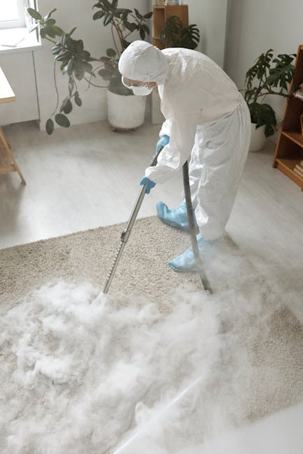 A professional cleaner dressed in a white protective suit, gloves, and face mask is performing deep cleaning on a light beige, high-pile carpet in a well-lit residential living room. The cleaner is using a steam cleaning device to sanitize and refresh the carpet's surface, with visible steam and foam indicating thorough cleaning. The room features a wooden side table, potted plants, and a large window allowing natural light to illuminate the space. The clean, tidy environment showcases the high standards of hygiene and surface cleaning expected from Ilford Carpet Cleaning, emphasizing their expertise in domestic cleaning and routine or deep carpet sanitisation.